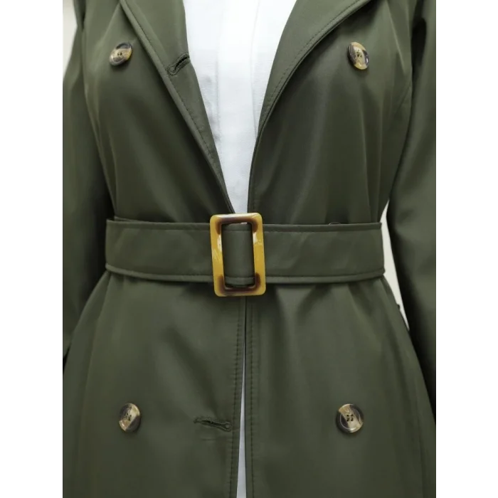 Düğmeli Kemerli Ara Boy Trençkot -Haki