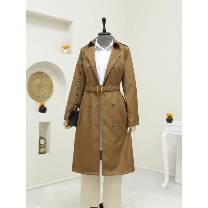Düğmeli Kemerli Ara Boy Trençkot -Taba
