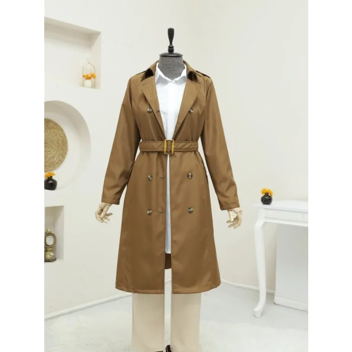 Düğmeli Kemerli Ara Boy Trençkot -Taba