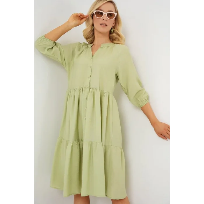 Düğmeli Kısa Kol Elbise 2559 - E.Yeşil