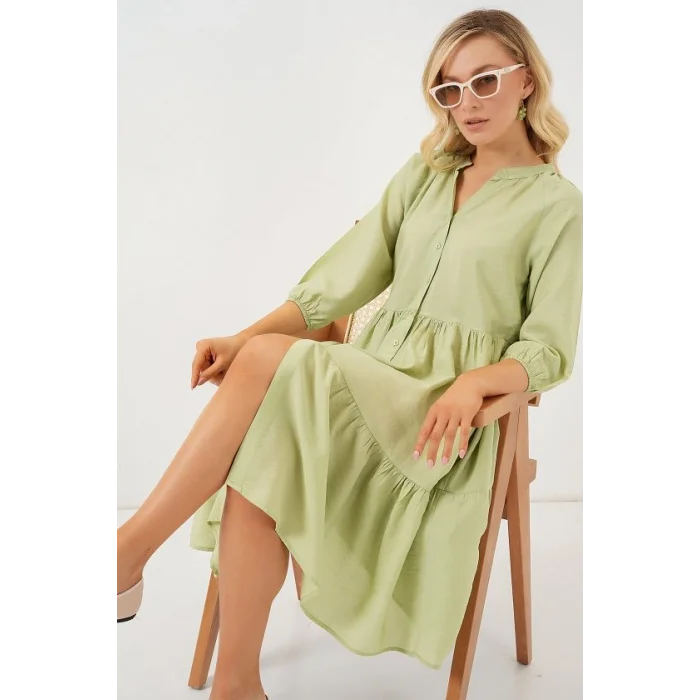 Düğmeli Kısa Kol Elbise 2559 - E.Yeşil