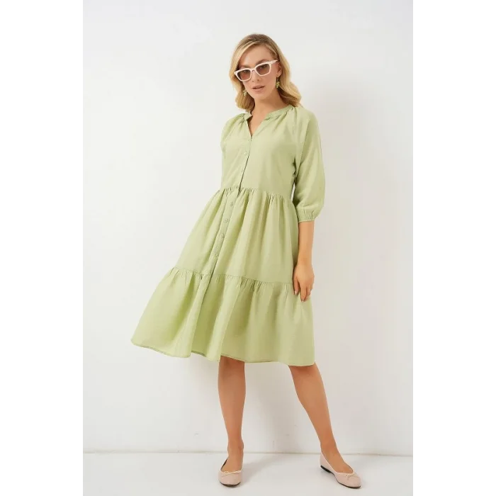 Düğmeli Kısa Kol Elbise 2559 - E.Yeşil