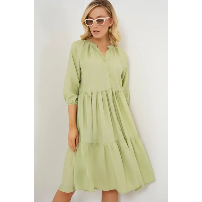 Düğmeli Kısa Kol Elbise 2559 - E.Yeşil