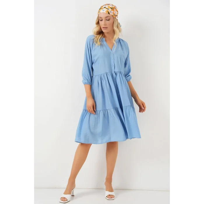 Düğmeli Kısa Kol Elbise 2559 - İndigo