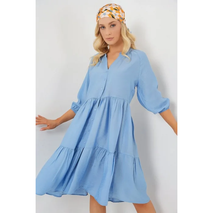 Düğmeli Kısa Kol Elbise 2559 - İndigo