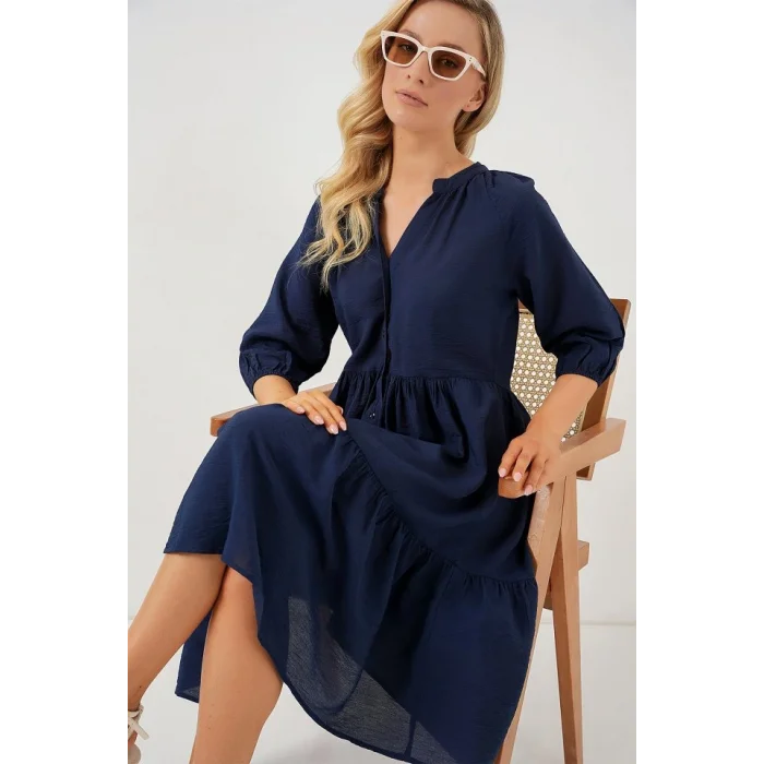 Düğmeli Kısa Kol Elbise 2559 - Lacivert