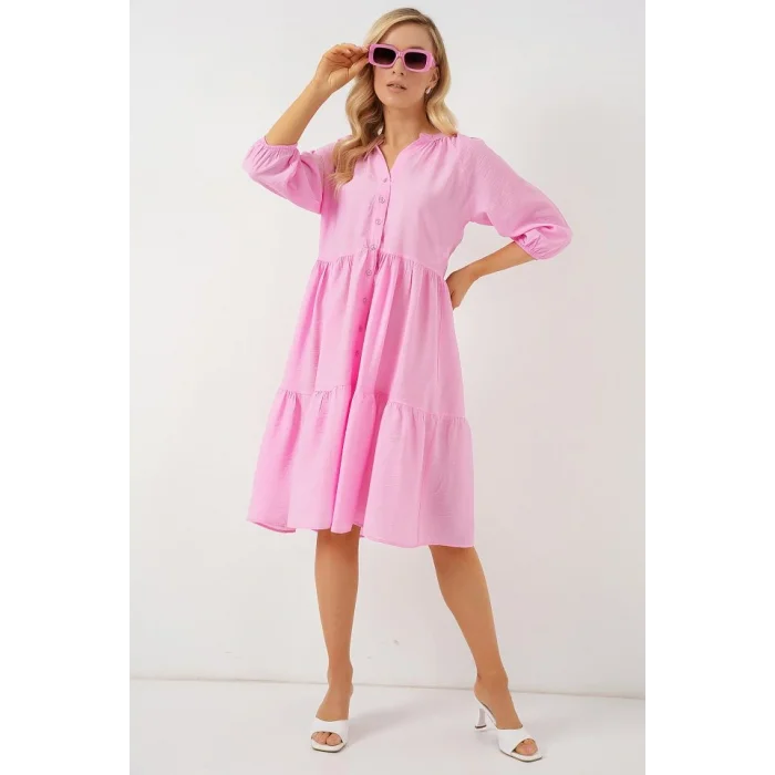Düğmeli Kısa Kol Elbise 2559 - Pembe
