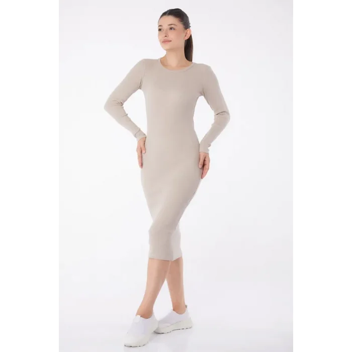 Düz Bisiklet Yaka Kadın Midi Elbise