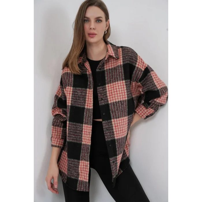 Ekose Desen Oversize Oduncu Gömlek 3854 A.Pudra