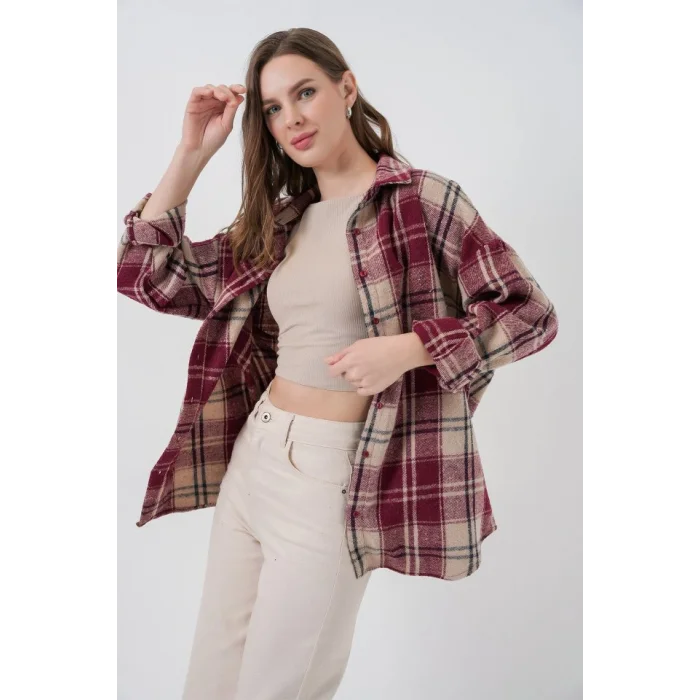 Ekose Desen Oversize Oduncu Gömlek 3854 Bordo