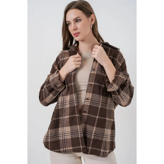 Ekose Desen Oversize Oduncu Gömlek 3854 Kahverengi