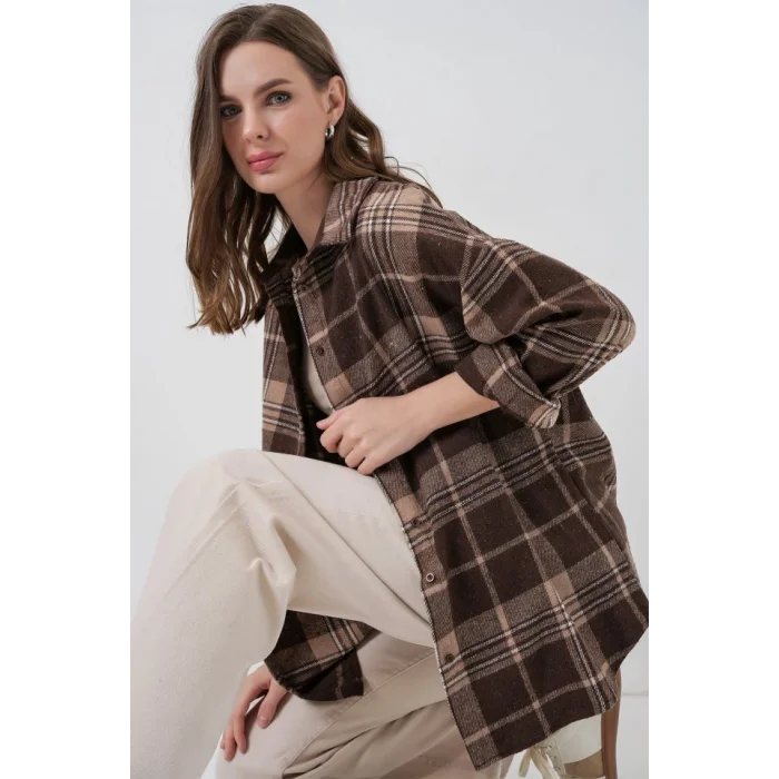 Ekose Desen Oversize Oduncu Gömlek 3854 Kahverengi