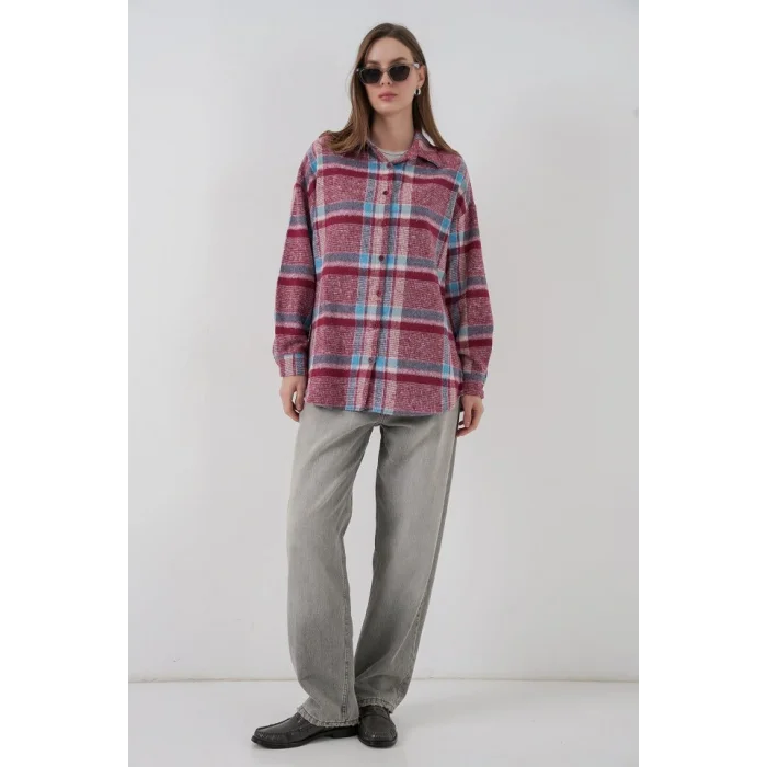 Ekose Desen Oversize Oduncu Gömlek 3854 Mor