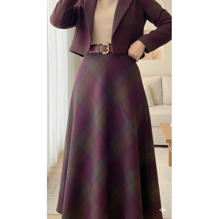 Ekose Desenli Yanı FermuarlıKaşe Çan Etek-Mürdüm