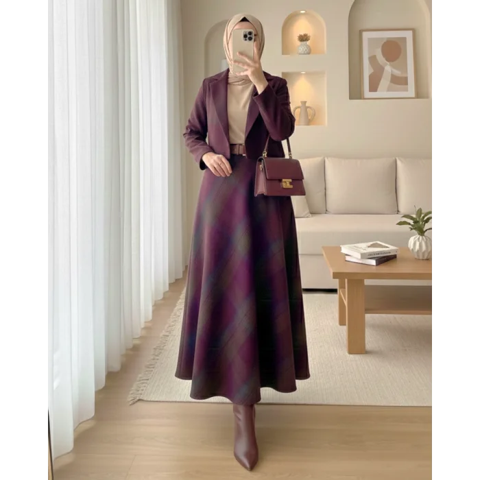 Ekose Desenli Yanı FermuarlıKaşe Çan Etek-Mürdüm