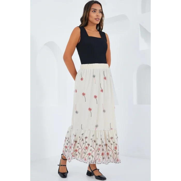 Ekru Desenli Şifon Etek 8010