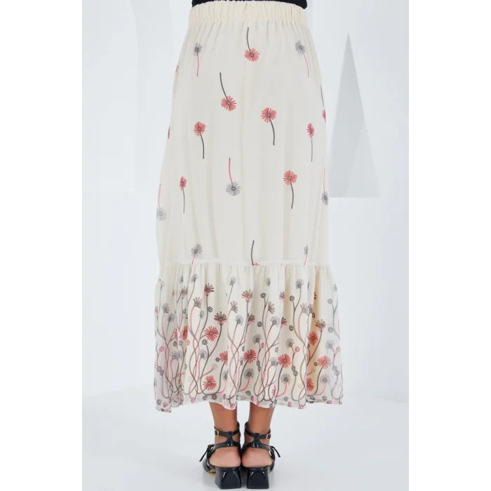 Ekru Desenli Şifon Etek 8010