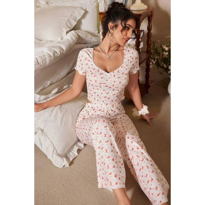 Ekru V Yaka Kısa Kollu Crop Pijama Takımı 7379