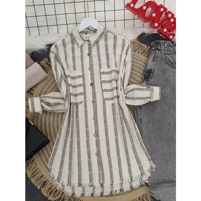 Eteği Püsküllü Gömlek -Bej