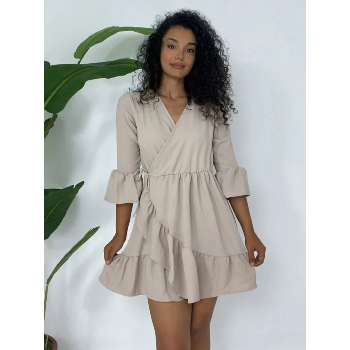 Eteği Ve Kolları Fırfırlı Beli Lastikli Ayrobin Elbise  -Açık Vizon