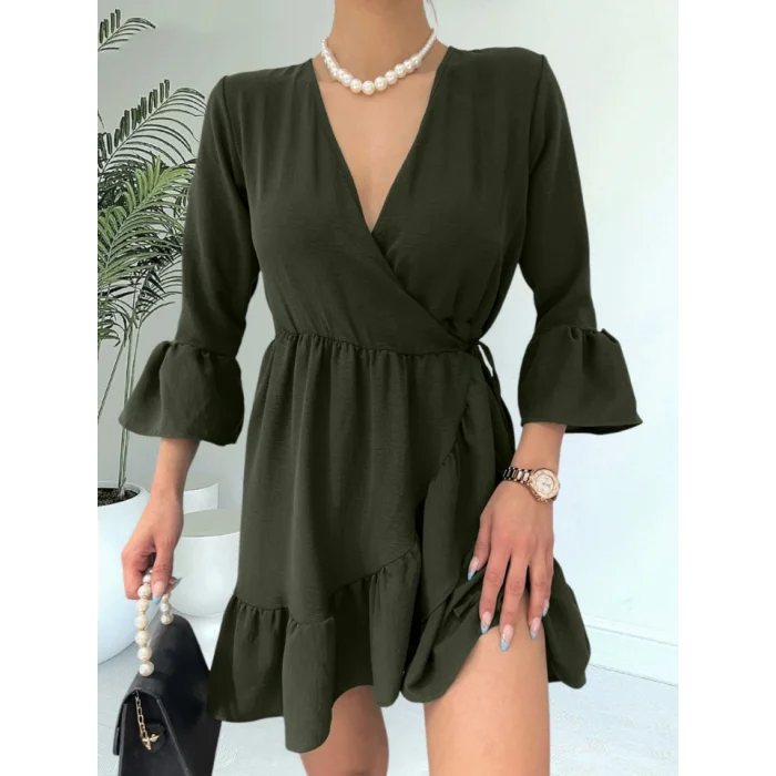 Eteği Ve Kolları Fırfırlı Beli Lastikli Ayrobin Elbise -Haki