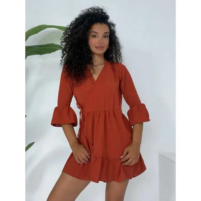 Eteği Ve Kolları Fırfırlı Beli Lastikli Ayrobin Elbise  -Kiremit