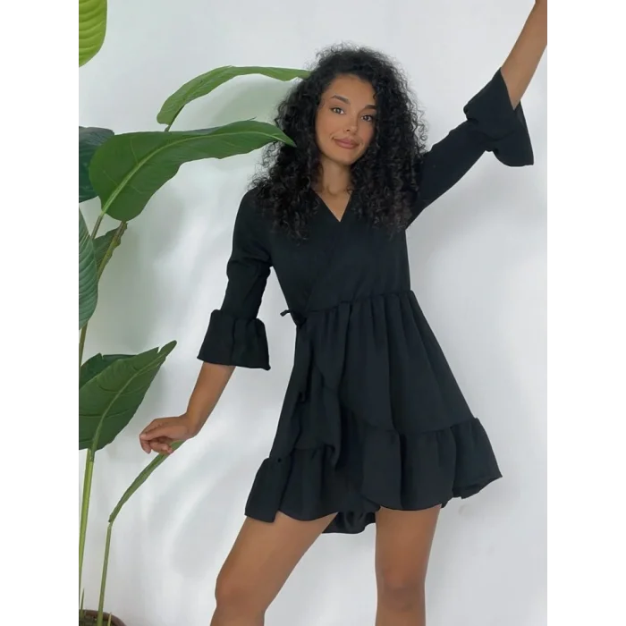 Eteği Ve Kolları Fırfırlı Beli Lastikli Ayrobin Elbise  -Siyah