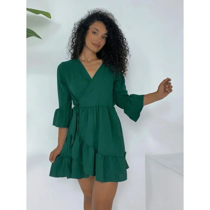 Eteği Ve Kolları Fırfırlı Beli Lastikli Ayrobin Elbise  -Zümrüt