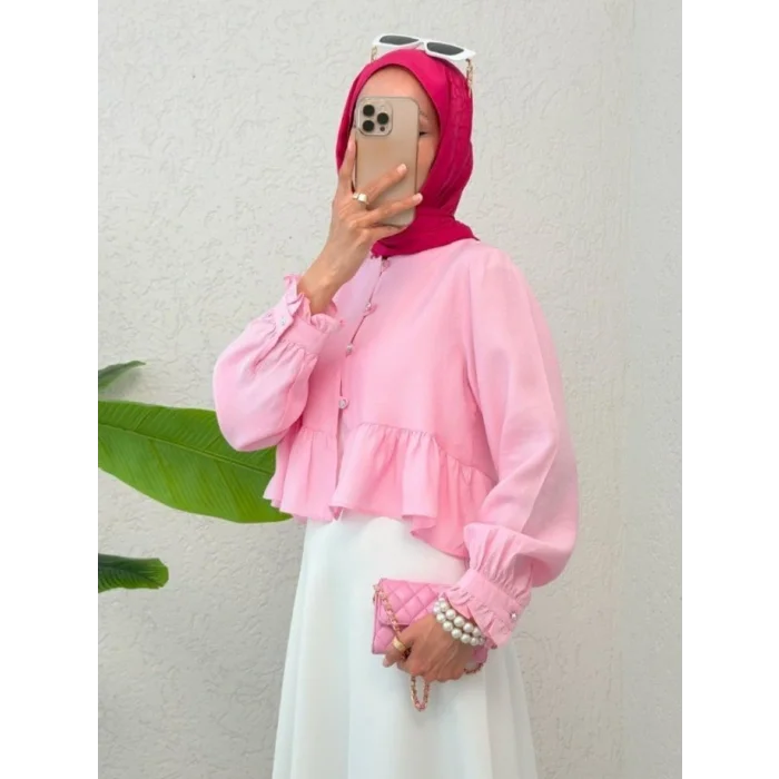 Eteği Ve Kolu Fırfırlı Taşlı Düğmeli Modal Kumaş Gömlek  -Pembe