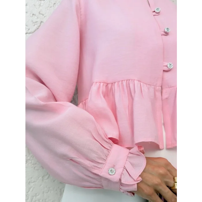 Eteği Ve Kolu Fırfırlı Taşlı Düğmeli Modal Kumaş Gömlek  -Pembe