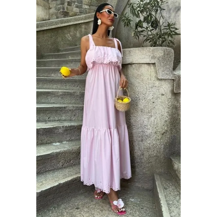 Etek Ucu Brode Nakışlı Boyundan Bağlamalı Elbise 2881