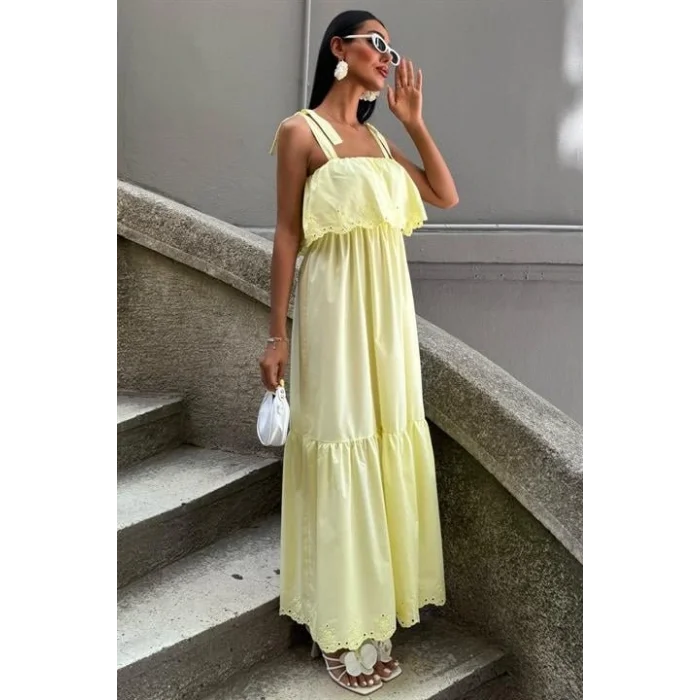 Etek Ucu Brode Nakışlı Boyundan Bağlamalı Elbise 2881