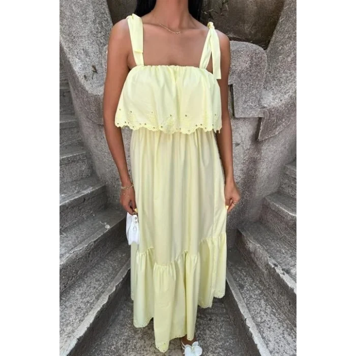 Etek Ucu Brode Nakışlı Boyundan Bağlamalı Elbise 2881