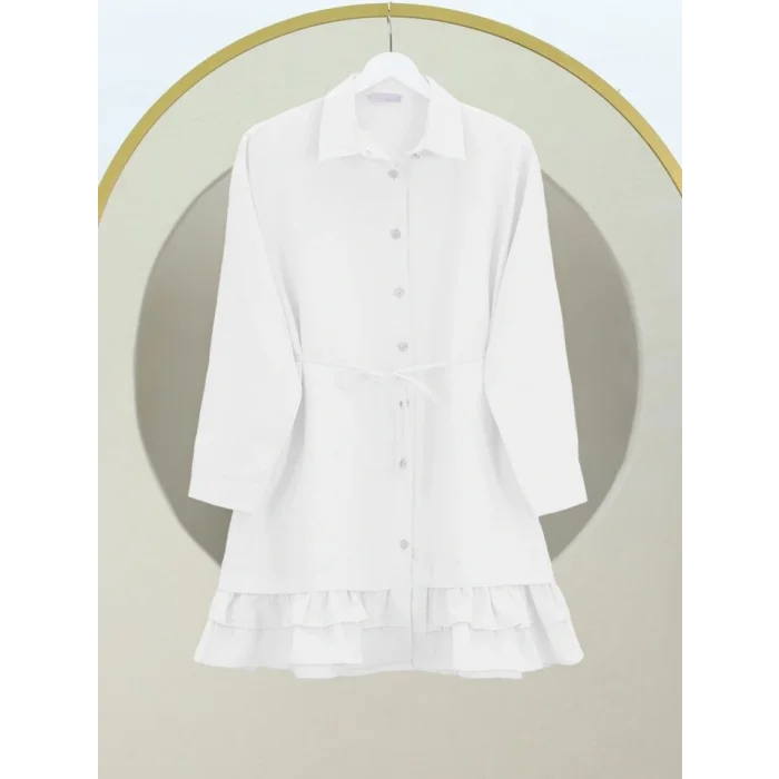 Etek Ucu Katlı Fırfırlı Düğmeli Poplin Gömlek Tunik -Beyaz