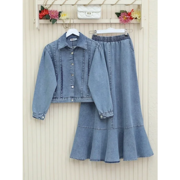 Etek Ucu Volanlı Düğmeli Ceketli Kot Takım -Buz Mavi