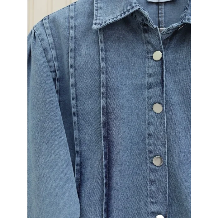 Etek Ucu Volanlı Düğmeli Ceketli Kot Takım -Buz Mavi