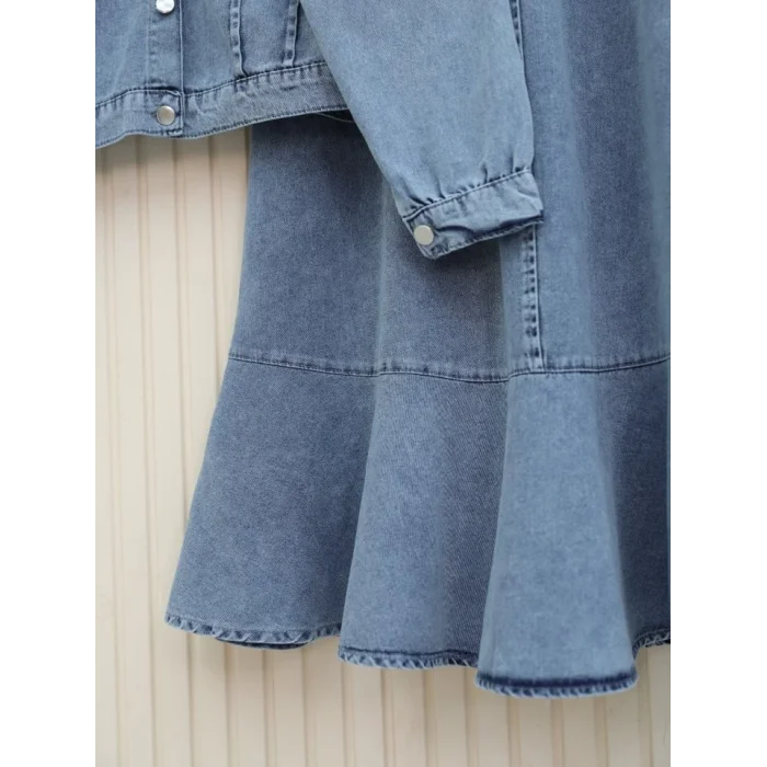 Etek Ucu Volanlı Düğmeli Ceketli Kot Takım -Buz Mavi