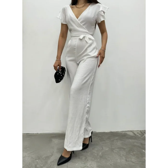 Fermuar Detaylı Fırfırlı Tulum   -Beyaz