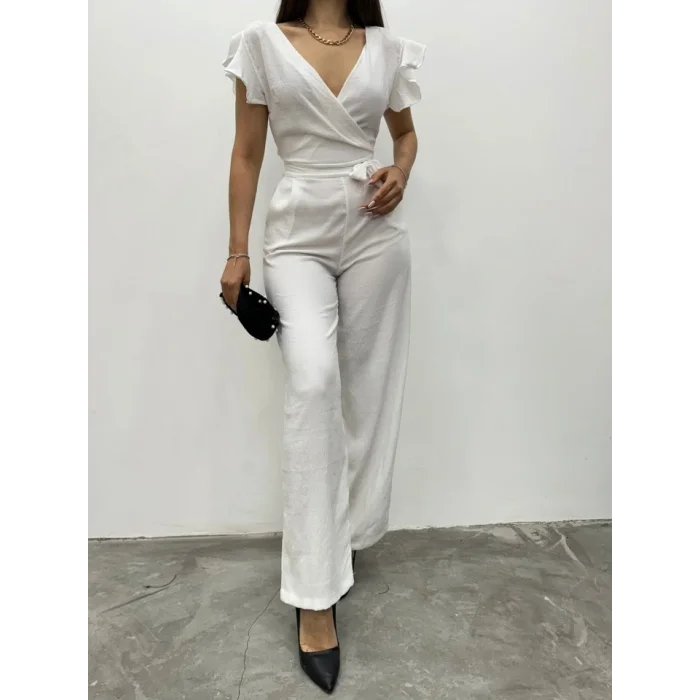 Fermuar Detaylı Fırfırlı Tulum   -Beyaz