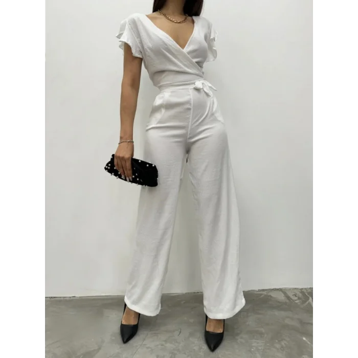 Fermuar Detaylı Fırfırlı Tulum   -Beyaz