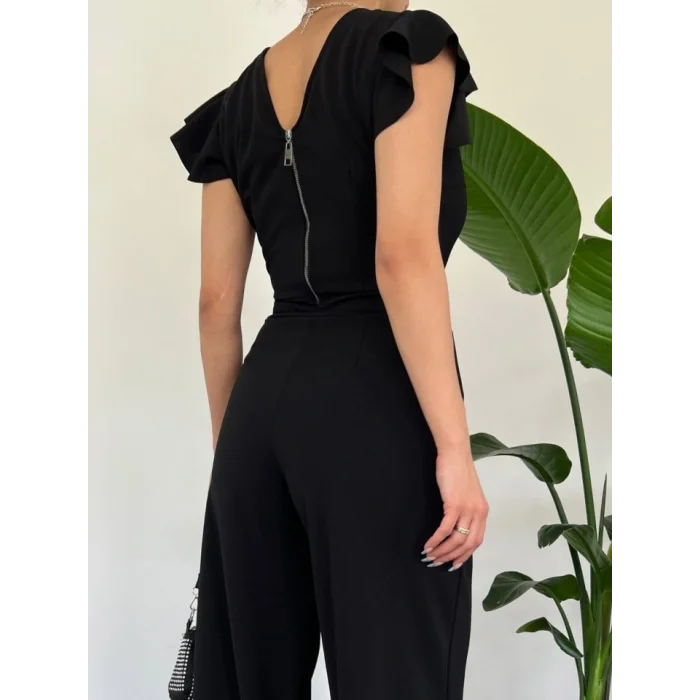 Fermuar Detaylı Fırfırlı Tulum -Siyah