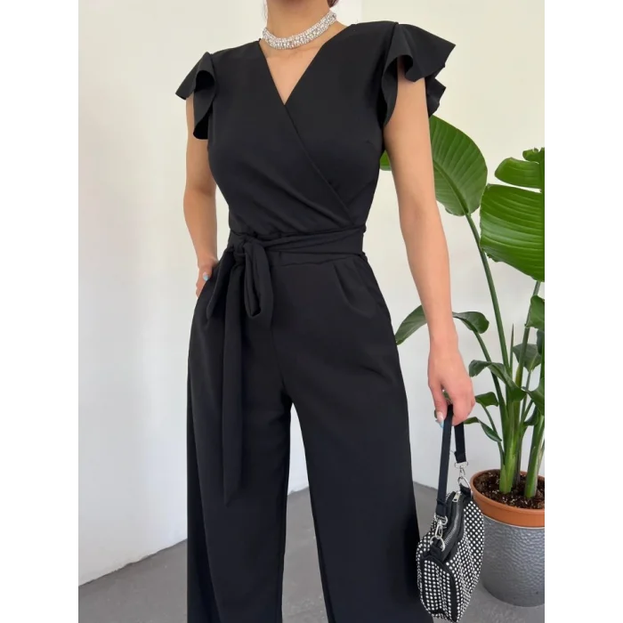 Fermuar Detaylı Fırfırlı Tulum -Siyah