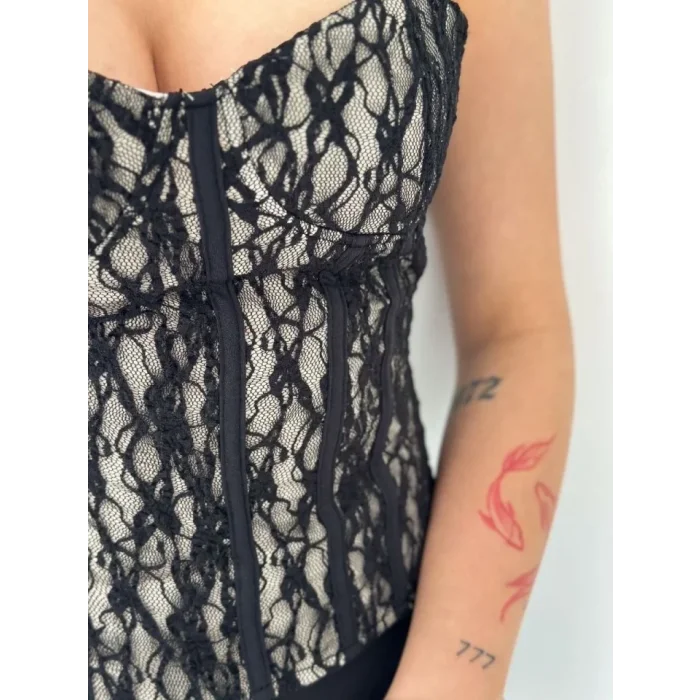 Fermuarlı Dantel Korse Straplez Bustiyer Transparan Şık Top - Bej