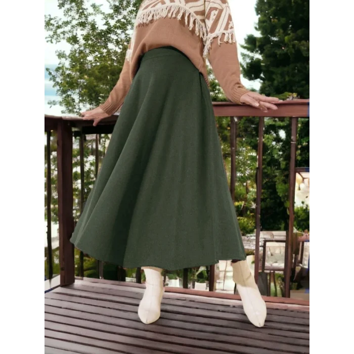 Fermuarlı Kaşe Çan Etek    -Haki