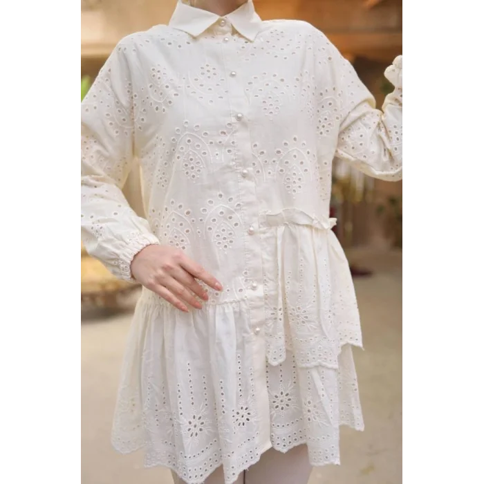 Fırfır Ve Fisto Detaylı İnci Düğmeli Gömlek -Bej