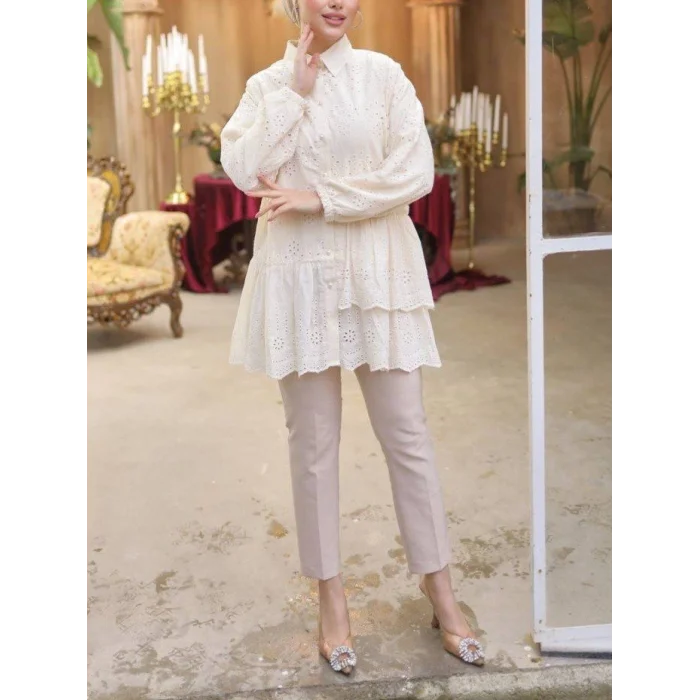 Fırfır Ve Fisto Detaylı İnci Düğmeli Gömlek -Bej