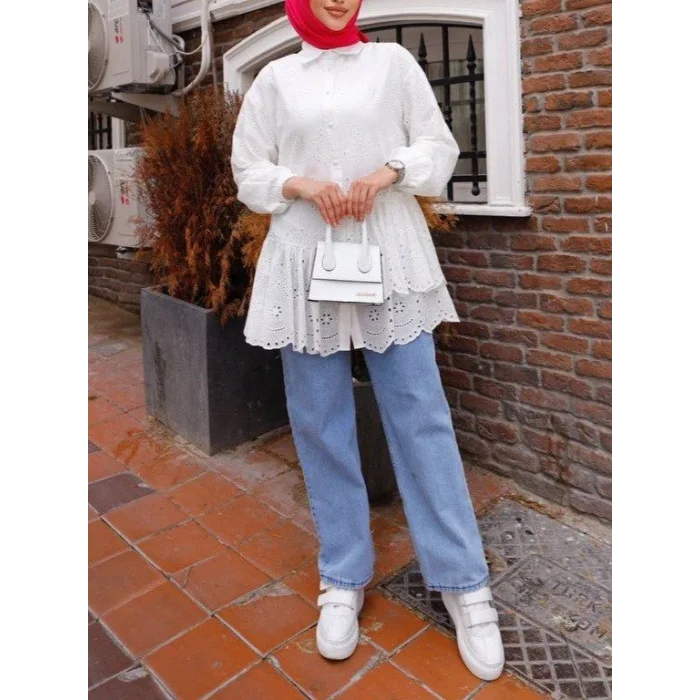 Fırfır Ve Fisto Detaylı İnci Düğmeli Gömlek -Beyaz