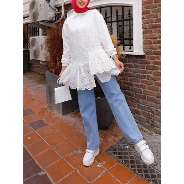 Fırfır Ve Fisto Detaylı İnci Düğmeli Gömlek -Beyaz