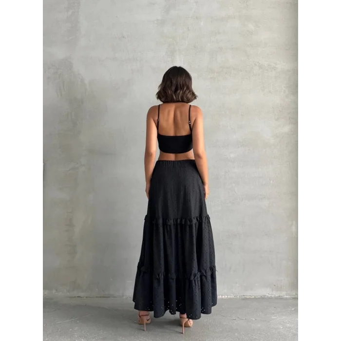 Fırfırlı brodeli astarlı uzun etek siyah s255047