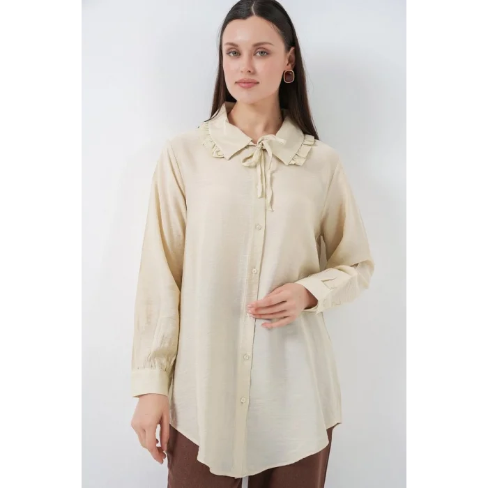 Fırfırlı Uzun Gömlek Tunik 5952 - Ekru
